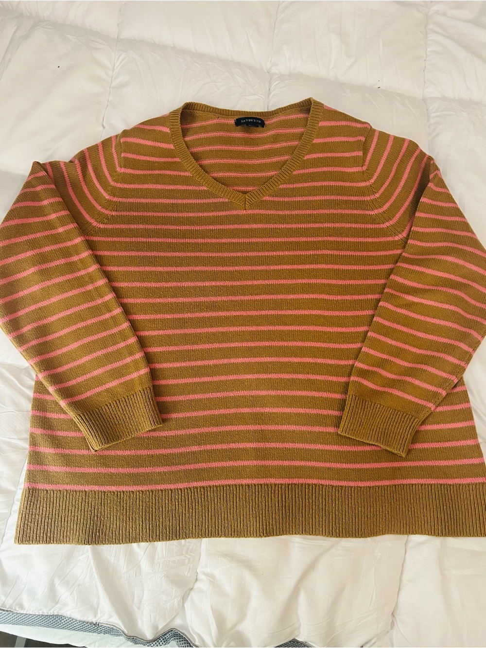 Lands' End Women’s V-Neck Striped Sweater in Tan and Pink